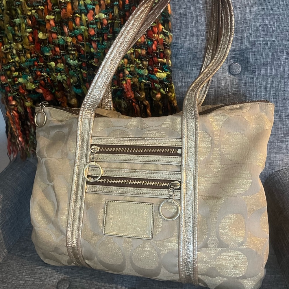 Coach Poppy Gold Metallic Tote Bag with Double Straps